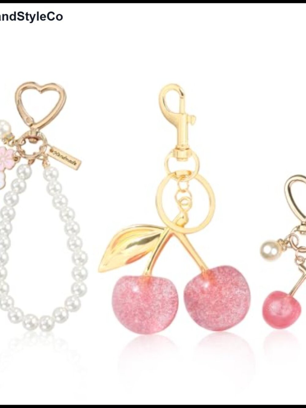 3 PC Pearl Cherry Bag Charm Keychain Set Purse Accessories Women